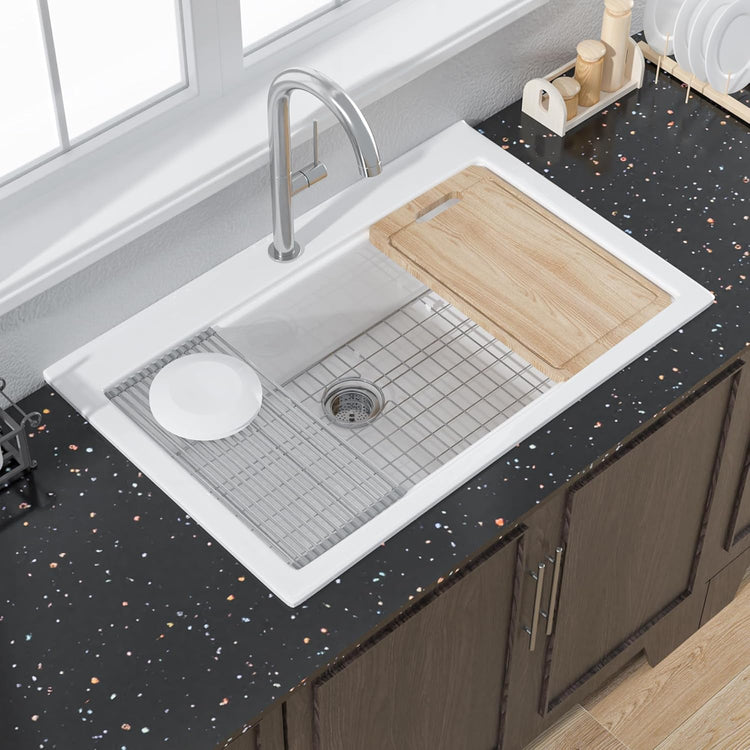 White Workstation Kitchen Sink 33 Inch - 1 Hole Large Kitchen Sink Drop In 33"x22", 9" Deep Topmount Kitchen Sink,Single Bowl Overmount Fireclay Sink For Kitchen,with 4 Custom Accessories